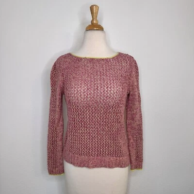 Maje Womens Sweater Size Small Cotton Open Knit Pink Neon Lime Trim Beachy Boho - Image 1 of 4