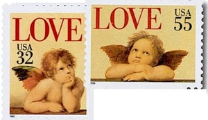 2 LIEBES CHERUB BRIEFMARKEN Sixtinische Madonna von Raffael, Amor, Schutzengel, Cherubs - Bild 1 von 5