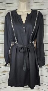 Garnet Hill Black Embroidered Shirt Dress 10 100% Tencel Lyocell Tie Belt