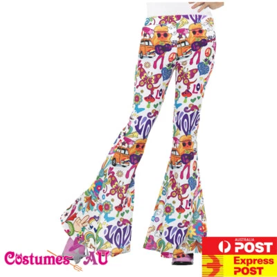 Mujer Años 60 Retro Hippie Hippy Disco Groovy Chick Pantalones Acampanados Pantalones Disfraz Foto 1 de 3