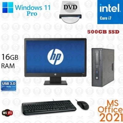 Windows 11 HP i7 3.4 ghz 16GB 500GB SSD 24" LCD Desktop Computer PC Office2021 - Image 1 of 3