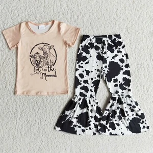 Girls Short Sleeve Top Bell Pants Set 2PCS Cow Print Outfit - Picture 1 of 8