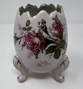 Vintage Napco Cracked Egg Vase 5” Pink Floral Footed Easter Gold Trimmed Japan - Picture 1 of 13