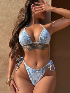 Neu Damen-Bikini-String Denim Bademode mit Seitenbindung 2-teilig Badeanzug Badeanzüge - Bild 1 von 13