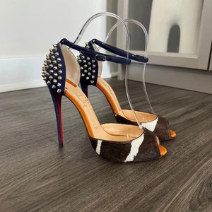 Christian Louboutin Pina Spike Heels Calf Hair Suede Tricolor Peep Toe 36.5 - Picture 1 of 8