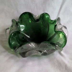 Vintage Murano Italy Art Glass Green Bowl Ashtray Silver Flecks - Picture 1 of 5