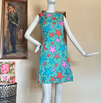Vintage MOD 1960s Psychedelic Pop Art Stars Mini Shift Dress M - Image 1 of 4