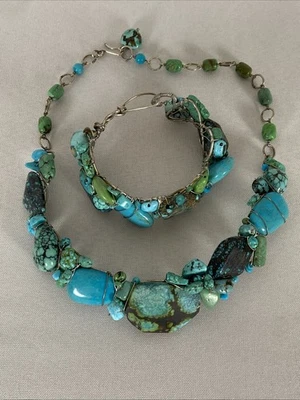 Juego de collar y pulsera artesanal de plata de ley turquesa de alta calidad. Foto 1 de 4