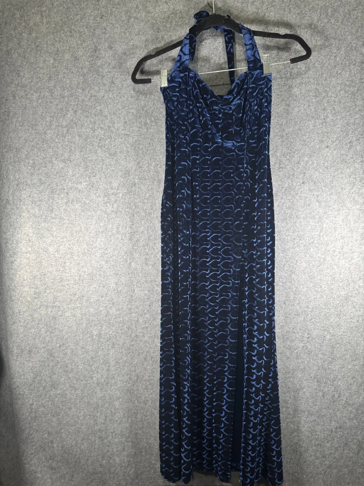 Luly K 纽约连衣裙女式 S 蓝色天鹅绒吊带长裙 Y2K Whimsigoth HOCO — 第 1/4 张图片