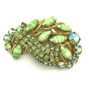 Art Glass Brooch Green AB Rhinestone Moonstone Gold Tone Vintage - Picture 1 of 12