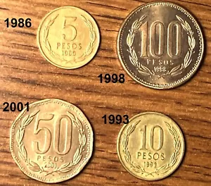 Coin Chile * Set of 4 * 100 pesos 1998; 50 p. 2001; 10 p. 1993; 5 p. 1986 year - Picture 1 of 2