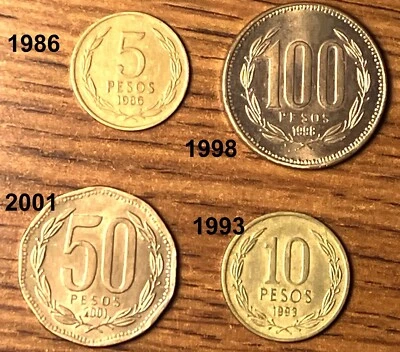 Coin Chile * Set of 4 * 100 pesos 1998; 50 p. 2001; 10 p. 1993; 5 p. 1986 year - Image 1 of 2
