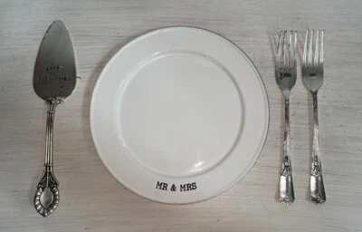 Mud Pie MR & MRS White Plate and Fork Set and Happy Everything Cake Server - Image 1 of 4