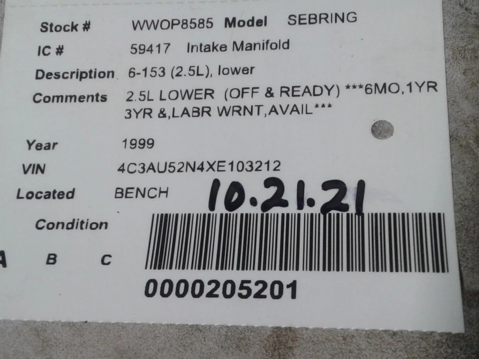 Used Lower Engine Intake Manifold fits: 1999 Chrysler Sebring 6-153 2.5L lower L — 第 1/4 张图片