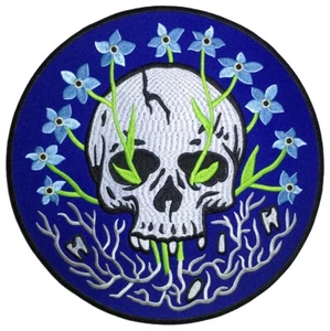 LARGE SIZE Realistic Skull Light Blue Flower Dead Embroidered Sew Iron on Patch - Picture 1 of 1