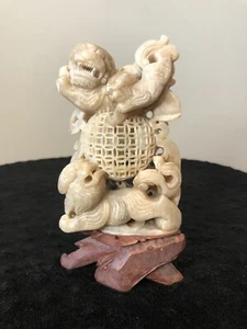 Vintage Chinese Carved Soapstone Foo Lions Jumping Sculpture, 6” - Picture 1 of 8