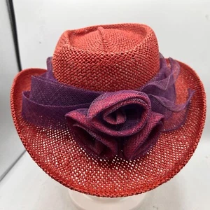 Something Special Vintage Straw Cowboy type Hat, Retro Red with Purple Flowers - Picture 1 of 3
