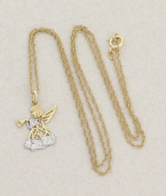 10k Yellow Gold & White Gold Angel Trumpet Necklace 18" Chain Dainty Delicate - Image 1 of 4