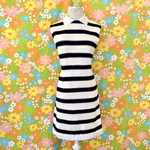 vintage 60s white & navy striped mini sweater dress M/L - Picture 1 of 4