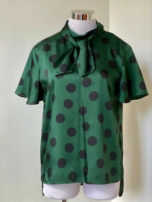 Blusa Top Zara Lunares Verde Oscuro y Negro Corbata Talla Pequeña Foto 1 de 4