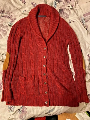Cardigã feminino Ralph Lauren S malha com cabo linho cabra camurça cotovelo remendo vermelho - Imagem 1 de 4