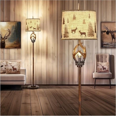 Rustic Farmhouse Antlers Floor Lamp Nightlight Brown Finish Round Shade - Image 1 of 4
