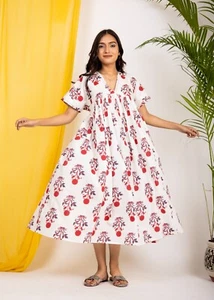 Wunderschönes Midi-Damenkleid Handblock Blumenmuster Handarbeit Stickerei - Bild 1 von 37