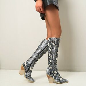 Womens Snakeskin Knee High Boots Wedge Heels Pointy Toe Side Zipper Shoe Slip On