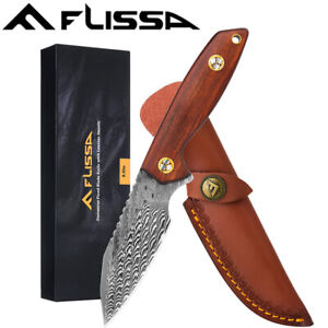 FLISSA Damascus Hunting Knife 8-1/2" Fixed Blade Knife Full-Tang Leather Sheath