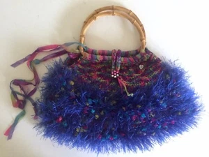 HAND KNIT VARIEGATED PURPLE PINK VIOLET DESIGNER CRESCENT BAMBOO EVENING BAG - Picture 1 of 12
