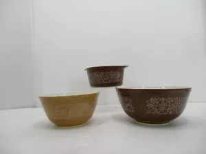 Tazones de mezcla de flores vintage Pyrex Woodland 473B, 403 marrón 402 beige conjunto de 3 EE. UU. - Imagen 1 de 7
