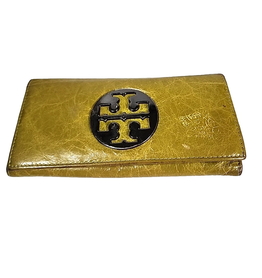 Tory Burch Green Leather Envelope Wallet Cards On Flap Over 7.5" Lrg Metal Logo - Image 1 of 4