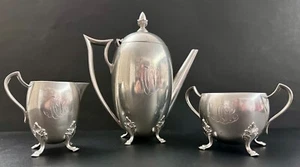 17th Century #516 Pewter Lidded/Footed Teapot, Creamer & Sugar “MVS" Engraved - Picture 1 of 12