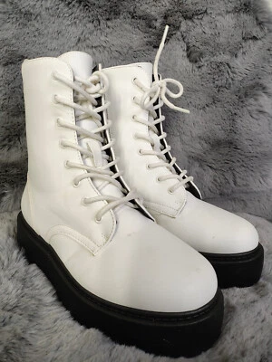 Forever 21 Mujeres Botas 6 Cuero Blanco Con Cordones Media Pantorrilla Plataforma Botines Zapatos Foto 1 de 4