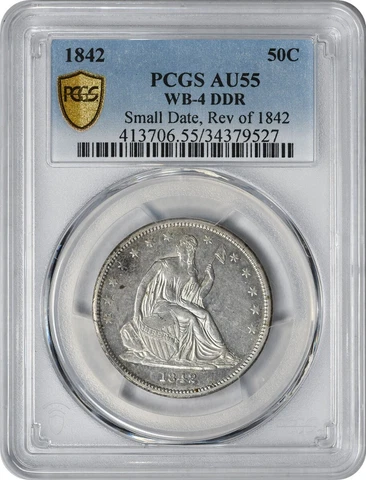 1842 Liberty Seated Silver Half Dollar Small Date Rev of 1842 WB-4 DDR AU55 PCGS Cover