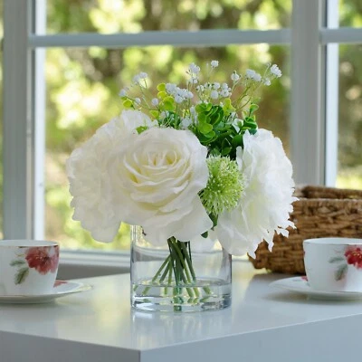 Florero de vidrio mezclado de peonía artificial y rosa de 12" para decoración de oficina en el hogar Foto 1 de 4
