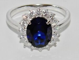 Sterling Silver Blue Sapphire Lady Diana Cluster Ring - All Sizes - 925 Silver