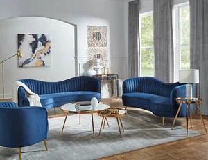 Coaster 506861-S3 Sophia 3pc Curved Sofa Set Couch Loveseat Chair Blue Velvet - Picture 1 of 12