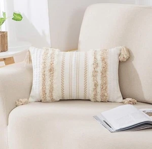DecorUhome Throw Pillow Cover Tassels (1) Bed/Sofa Decor 12X20" Khaki /White Zip - Picture 1 of 2