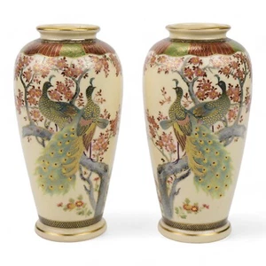 Satsuma Keramik Pfau Vasen signiert japanische Meiji Periode Spiegelbild - Bild 1 von 9