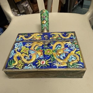 Antiker chinesischer Cloisonne Messing & Emaille Krümelfänger - Bild 1 von 7