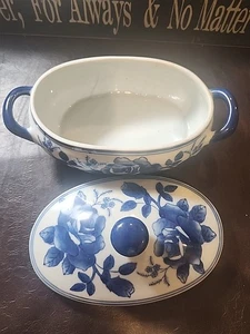 Asian Southern Art Factory Blue and White Floral  Oval Covered Bowl R723 - Picture 1 of 10