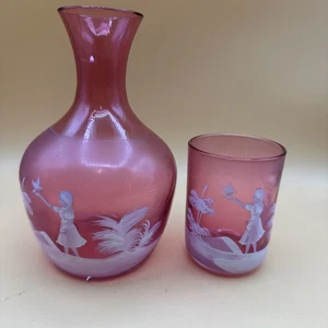 Mary Gregory Style Bedside Cranberry Glass Carafe Girl With A Bird With Glass - Picture 1 of 10