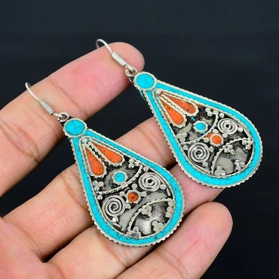 Orecchino vintage tibetano in argento sterling 925 fatto a mano corallo... - Immagine 1 di 4