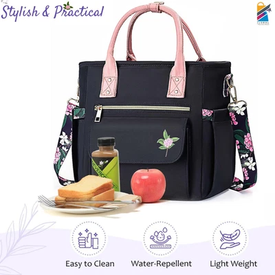 Bolsa de almuerzo floral azul profundo mujer aislada refrigerador bolso trabajo picnic idea de regalo Foto 1 de 4