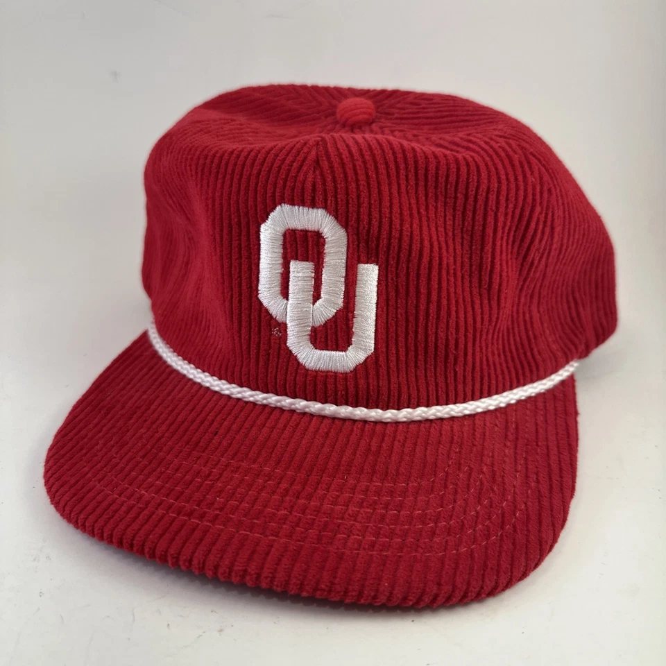 Vintage Oklahoma University Corduroy Leather Strap Back Hat OU Maroon Burgundy - Image 1 of 4