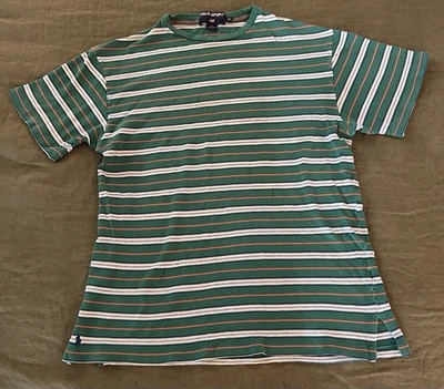 Винтажная мужская спортивная рубашка Polo Ralph Lauren в полоску средний размер зеленая одинарный шов M - Изображение 1 из 4