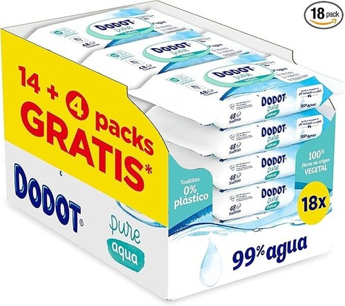 Dodot Pure Aqua Baby Wipes 18 Packs of 48 Count = 864 Wipes, Helps Restore Skin