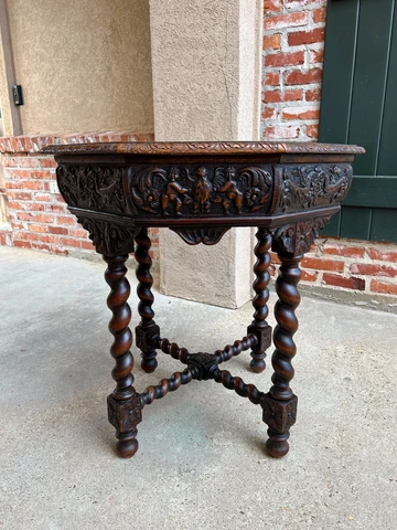 Antique French Octagon Sofa Table Carved Oak Barley Twist Louis XIII Renaissance Cover