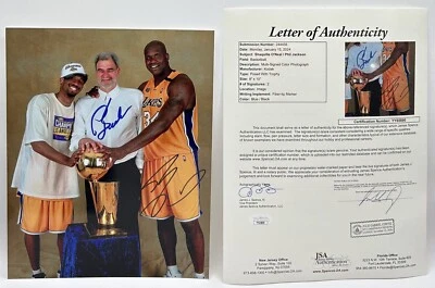 Foto firmada por Phil Jackson y Shaquille O’Neal 8x10 de las finales de los Lakers automática Kobe JSA  Foto 1 de 4